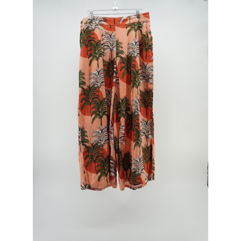 Nicole Miller Linen Wide Leg Tropical Palm Tree Print Pants Relaxed Resortwear L